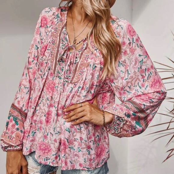 Bohemian pink Gypsy Floral Print Blouse Top - Picture 5 of 10